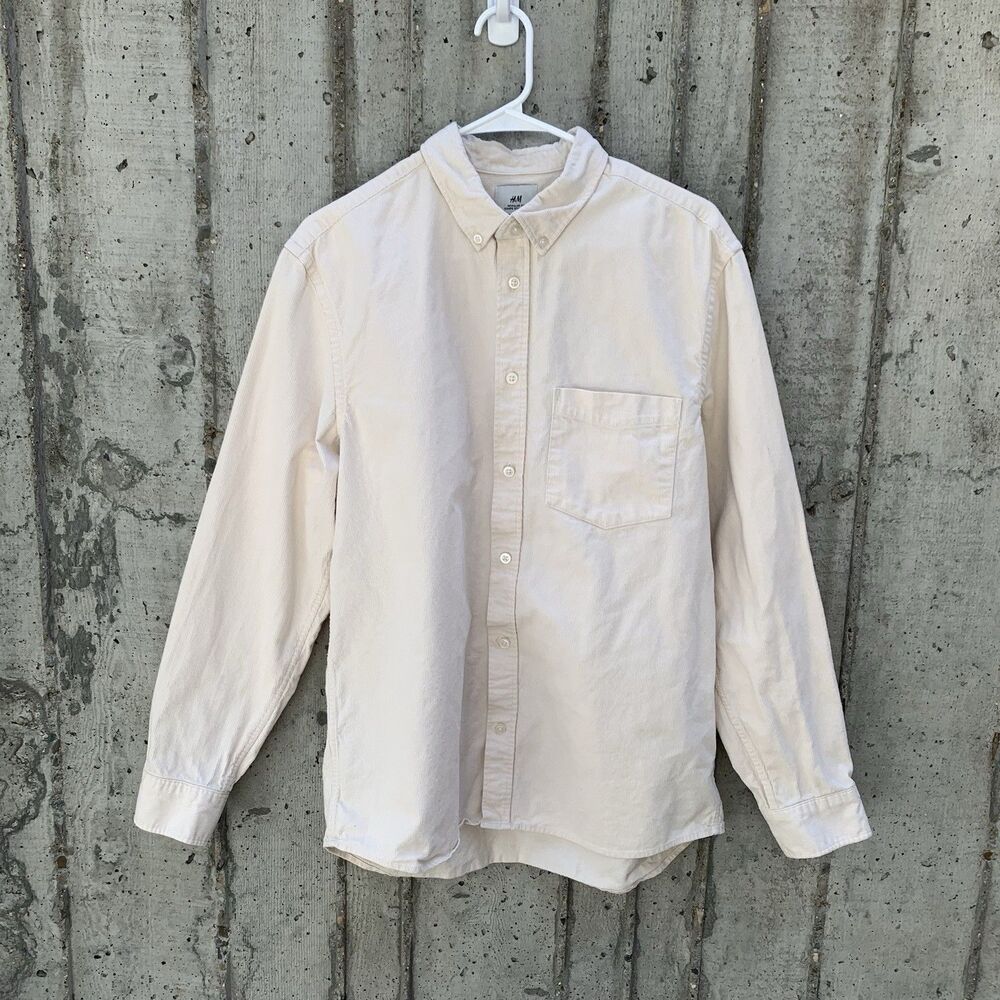 H&M Men's Button Down Corduroy Long Sleeve Shirt Beige Minimalist Skatercore M
